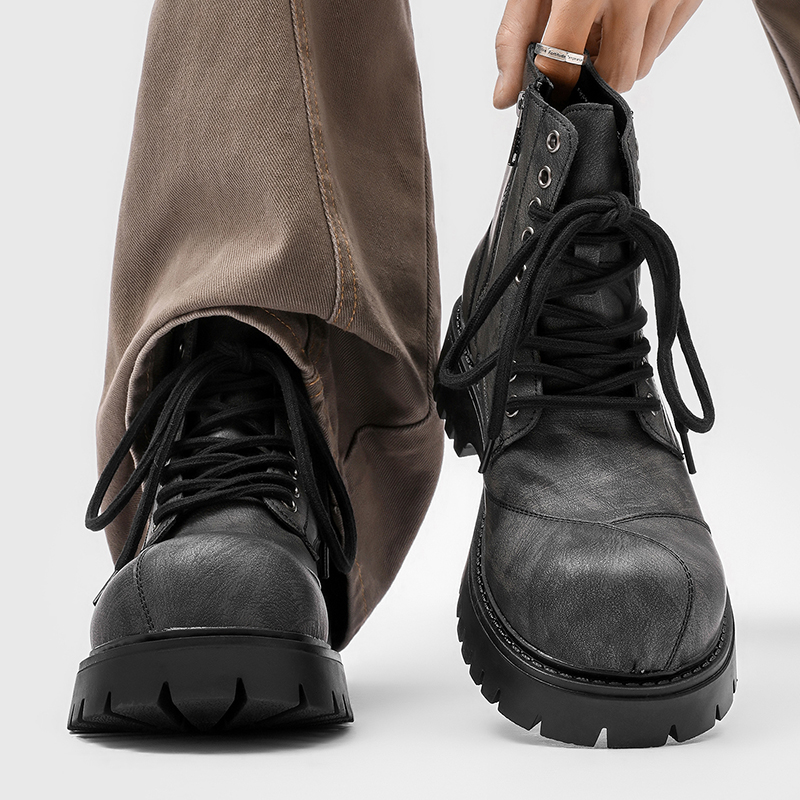Winter Wear Clothes - Retro Men Motorcycle Boots Gray Black