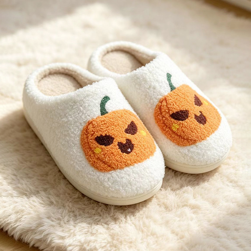 Winter Clothing Material - Halloween Pumpkin Fluffy Slippers Women Spooky