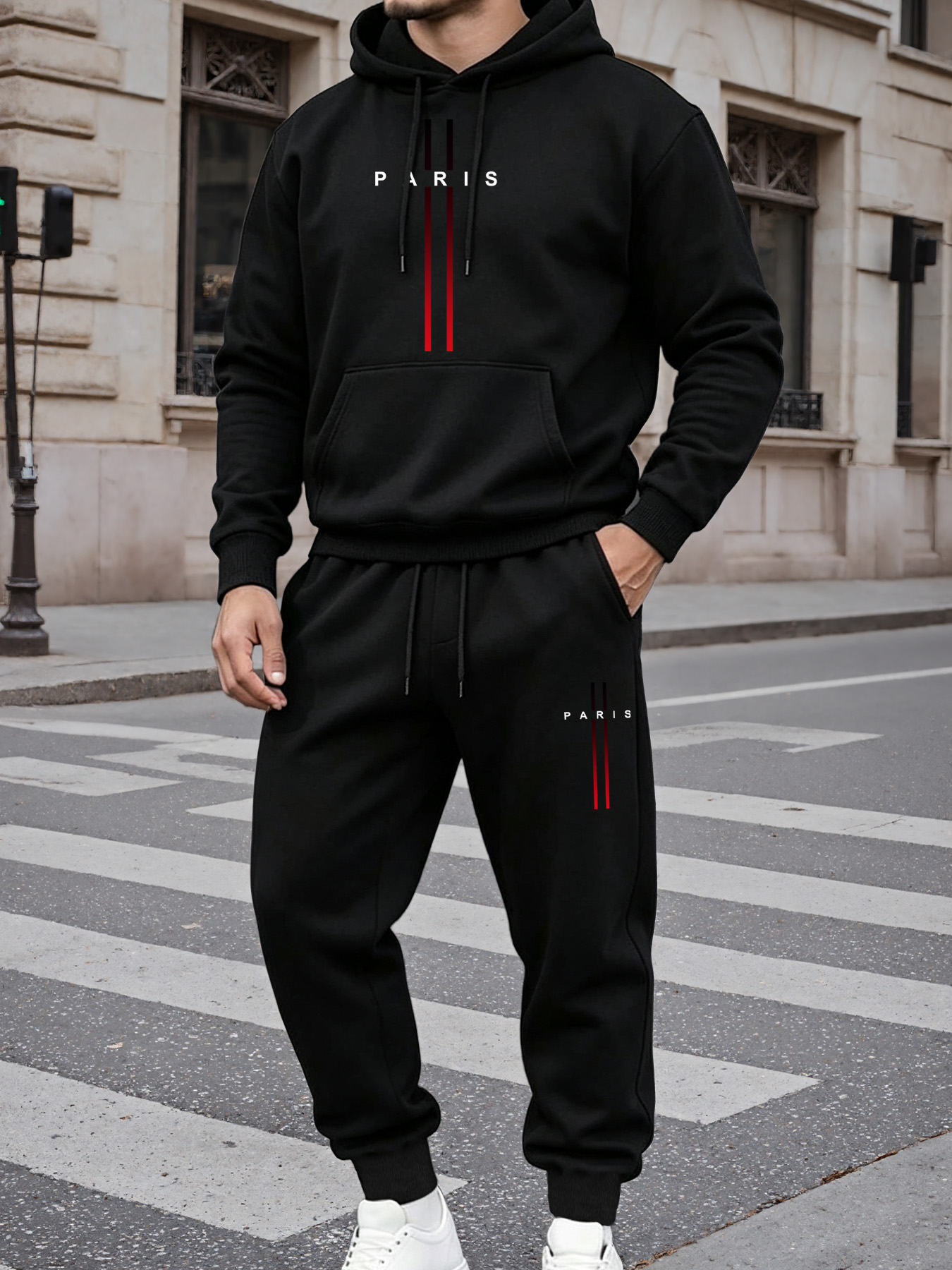 Fleece Hoodie Lined - Men Paris Graphic Print Hoodie Tracksuit