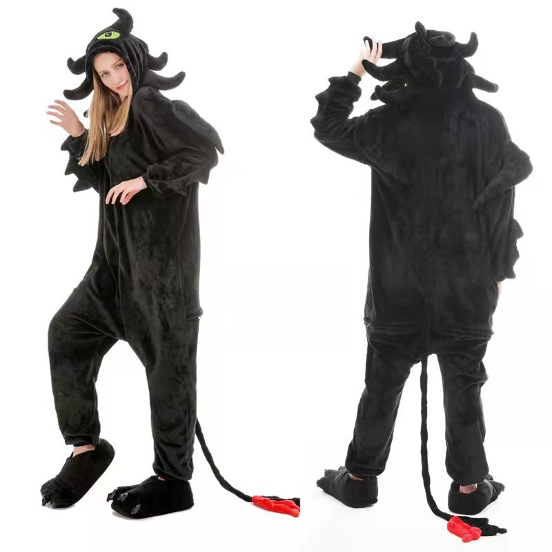 Fleece Hoodie Lined - Black Dragon Flannel Coral Fleece Cartoon